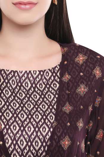 Shop Soup By Sougat Paul Beige Chiffon, Satin Dress Round Neck Ikat Print With Jacket Online at Aza Fashions Shop_Soup By Sougat Paul_Beige Chiffon, Satin Dress Round Neck Ikat Print With Jacket _Online_at_Aza_Fashions
