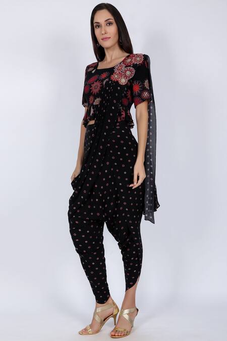 Natasha J_Black Crepe Round Embellished Dhoti Saree Set _Online_at_Aza_Fashions