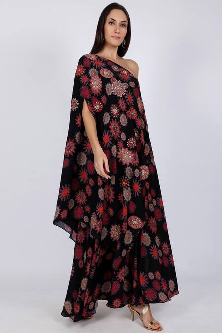 Natasha J_Black Crepe Asymmetric Embellished Top With Palazzo _Online_at_Aza_Fashions