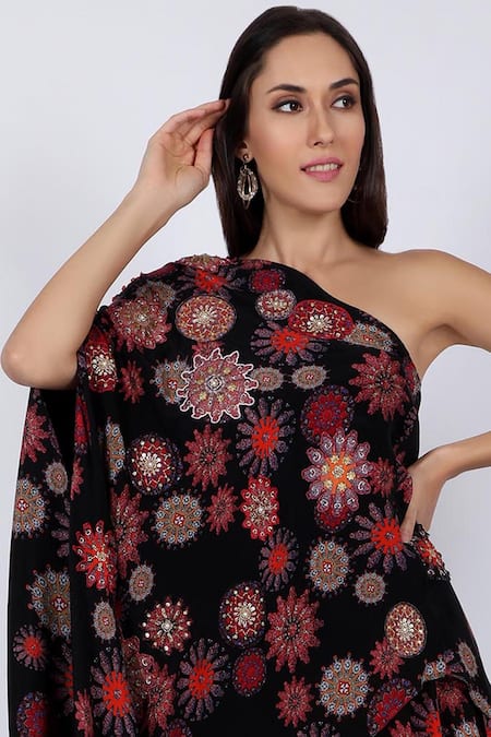 Buy_Natasha J_Black Crepe Asymmetric Embellished Top With Palazzo _Online_at_Aza_Fashions