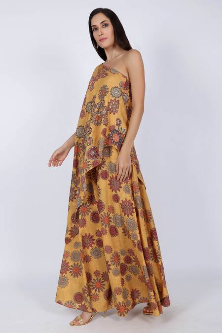 Natasha J_Yellow Crepe Asymmetric Embellished Top With Palazzo _Online_at_Aza_Fashions