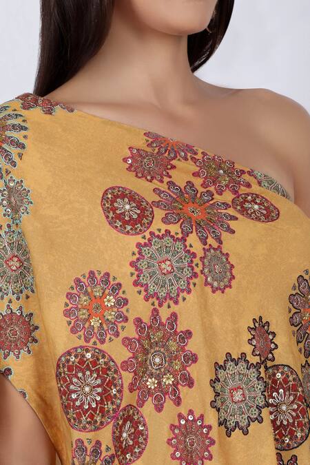 Buy_Natasha J_Yellow Crepe Asymmetric Embellished Top With Palazzo _Online_at_Aza_Fashions