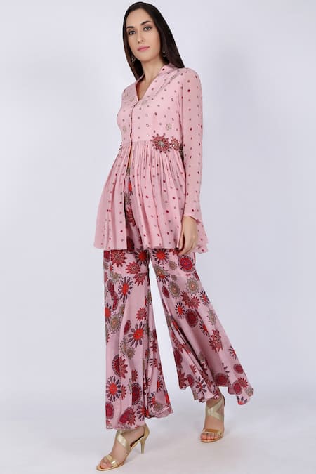 Shop Natasha J Pink Crepe Band Printed Kurta Sharara Set at Aza Fashions Shop_Natasha J_Pink Crepe Band Printed Kurta Sharara Set _at_Aza_Fashions