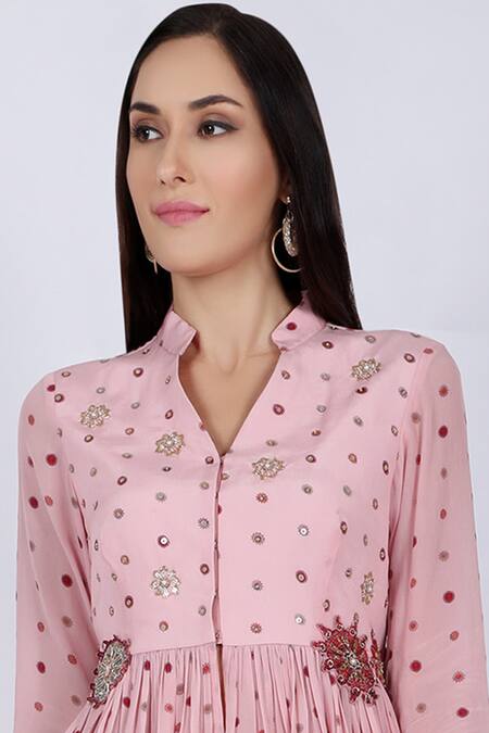 Natasha J Pink Crepe Band Printed Kurta Sharara Set Online at Aza Fashions Natasha J_Pink Crepe Band Printed Kurta Sharara Set _Online_at_Aza_Fashions