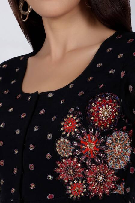 Natasha J_Black Crepe Round Printed Top With Palazzo _Online_at_Aza_Fashions