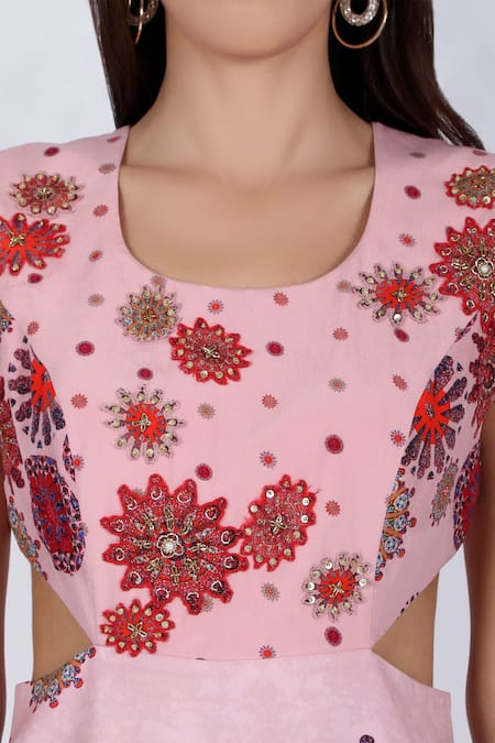 Natasha J_Pink Crepe Round Printed Dhoti Style Jumpsuit_Online_at_Aza_Fashions