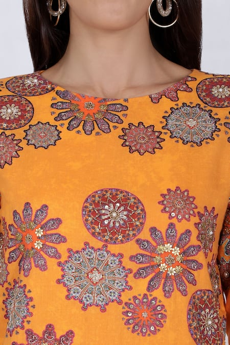 Natasha J_Yellow Crepe Round Embellished Kurta Palazzo Set _Online_at_Aza_Fashions