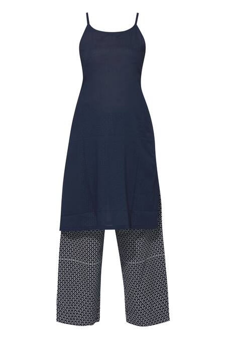 Arcvsh By Pallavi Singh_Blue Silk Chanderi Kurta Band Collar Slip Round And Palazzo Set_Online_at_Aza_Fashions