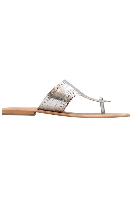 Aprajita Toor_Beige T-strap Textured Slip Ons_Online_at_Aza_Fashions