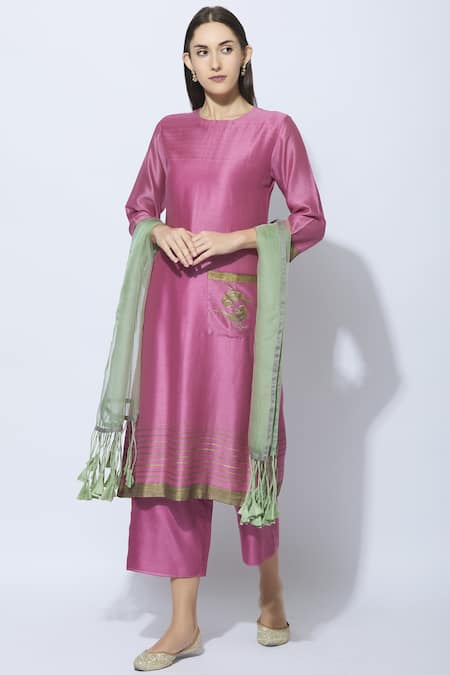 Neeta Bhargava Pink Silk, Cotton, Organza Round Hand Painted Kurta Set 
