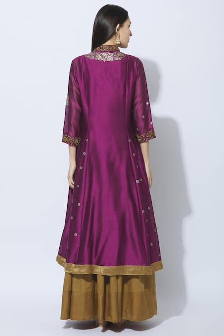 Shop Neeta Bhargava Gold Silk, Cotton, Organza Jacket Mandarin Collar Hand Painted Lehenga Set at Aza Fashions Shop_Neeta Bhargava_Gold Silk, Cotton, Organza Jacket Mandarin Collar Hand Painted Lehenga Set _at_Aza_Fashions