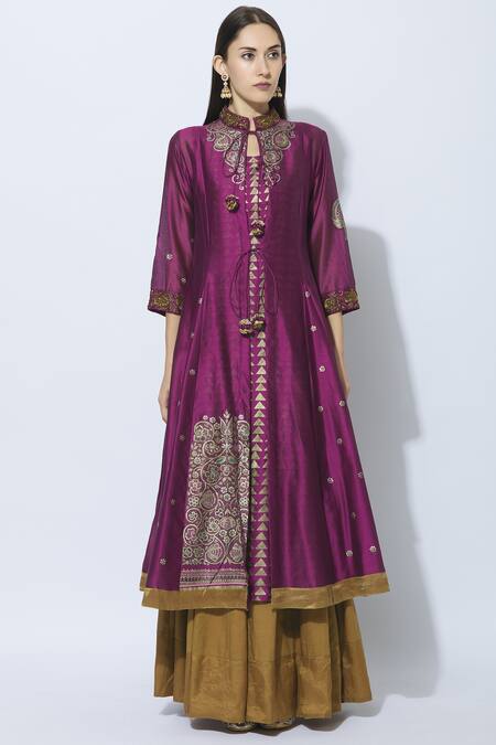 Neeta Bhargava Gold Silk, Cotton, Organza Jacket Mandarin Collar Hand Painted Lehenga Set Online at Aza Fashions Neeta Bhargava_Gold Silk, Cotton, Organza Jacket Mandarin Collar Hand Painted Lehenga Set _Online_at_Aza_Fashions