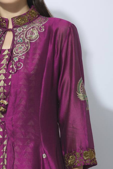 Neeta Bhargava Gold Silk, Cotton, Organza Jacket Mandarin Collar Hand Painted Lehenga Set at Aza Fashions Neeta Bhargava_Gold Silk, Cotton, Organza Jacket Mandarin Collar Hand Painted Lehenga Set _at_Aza_Fashions