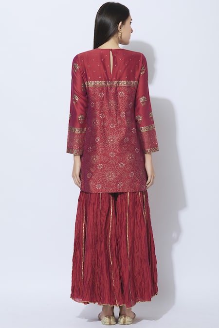 Shop Neeta Bhargava Red Silk, Cotton, Organza Round Hand Painted Kurta Sharara Set at Aza Fashions Shop_Neeta Bhargava_Red Silk, Cotton, Organza Round Hand Painted Kurta Sharara Set _at_Aza_Fashions