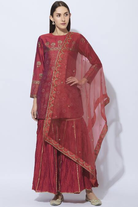 Neeta Bhargava Red Silk, Cotton, Organza Round Hand Painted Kurta Sharara Set Online at Aza Fashions Neeta Bhargava_Red Silk, Cotton, Organza Round Hand Painted Kurta Sharara Set _Online_at_Aza_Fashions