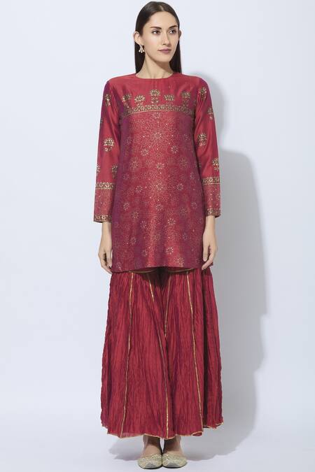 Buy Neeta Bhargava Red Silk, Cotton, Organza Round Hand Painted Kurta Sharara Set Online at Aza Fashions Buy_Neeta Bhargava_Red Silk, Cotton, Organza Round Hand Painted Kurta Sharara Set _Online_at_Aza_Fashions