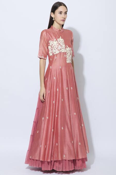 Neeta Bhargava_Peach Silk, Cotton, Kota Stand Collar Kurta Lehenga Set _Online_at_Aza_Fashions