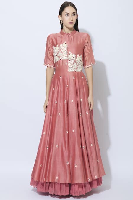 Buy_Neeta Bhargava_Peach Silk, Cotton, Kota Stand Collar Kurta Lehenga Set _Online_at_Aza_Fashions