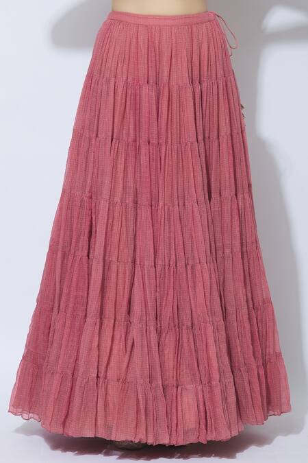 Shop_Neeta Bhargava_Peach Silk, Cotton, Kota Stand Collar Kurta Lehenga Set _Online_at_Aza_Fashions