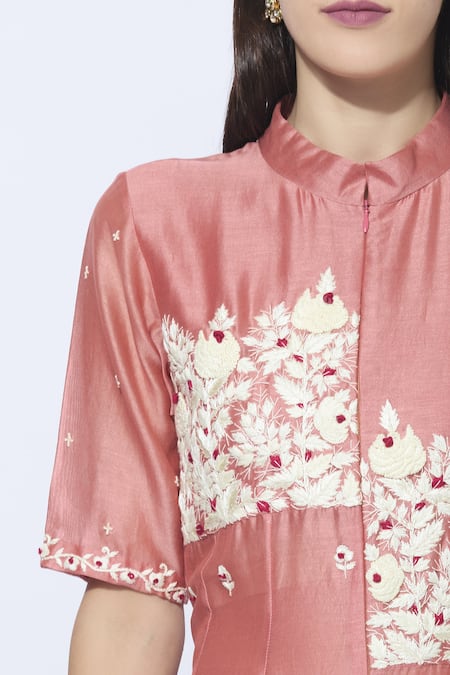 Neeta Bhargava_Peach Silk, Cotton, Kota Stand Collar Kurta Lehenga Set _at_Aza_Fashions