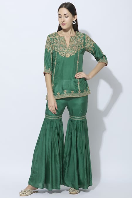 Samatvam By Anjali Bhaskar Green Dupion Silk, Shantoon Round Embroidered Kurta Sharara Set
