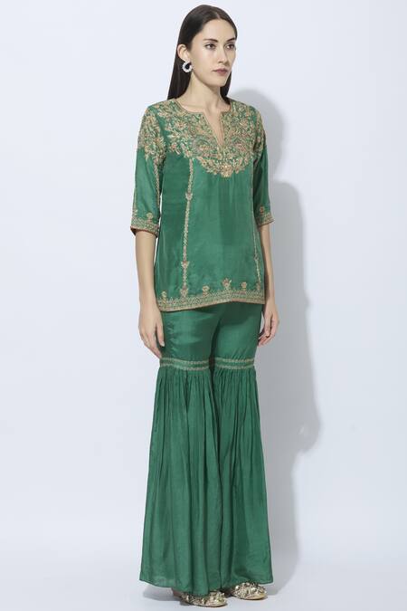 Samatvam By Anjali Bhaskar_Green Dupion Silk, Shantoon Round Embroidered Kurta Sharara Set _Online_at_Aza_Fashions