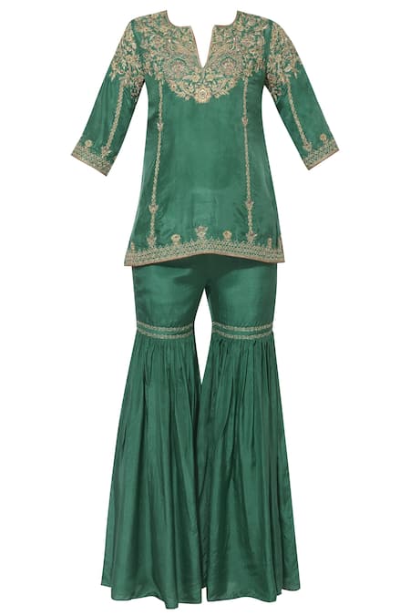 Buy_Samatvam By Anjali Bhaskar_Green Dupion Silk, Shantoon Round Embroidered Kurta Sharara Set _Online_at_Aza_Fashions