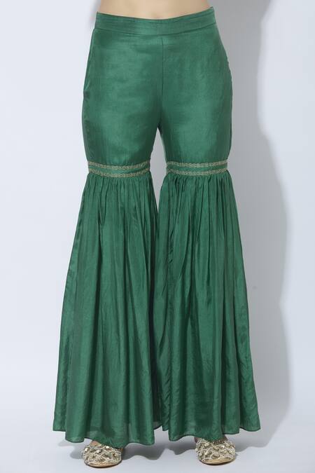 Shop_Samatvam By Anjali Bhaskar_Green Dupion Silk, Shantoon Round Embroidered Kurta Sharara Set _Online_at_Aza_Fashions