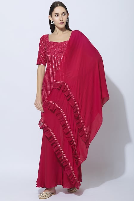 Samatvam By Anjali Bhaskar Pink Georgette, Satin Square Neck Embellished Kurta Sharara Set Online at Aza Fashions Samatvam By Anjali Bhaskar_Pink Georgette, Satin Square Neck Embellished Kurta Sharara Set _Online_at_Aza_Fashions