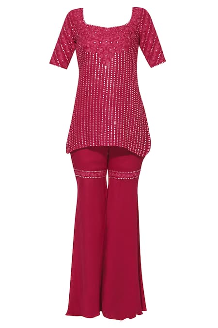 Buy Samatvam By Anjali Bhaskar Pink Georgette, Satin Square Neck Embellished Kurta Sharara Set Online at Aza Fashions Buy_Samatvam By Anjali Bhaskar_Pink Georgette, Satin Square Neck Embellished Kurta Sharara Set _Online_at_Aza_Fashions