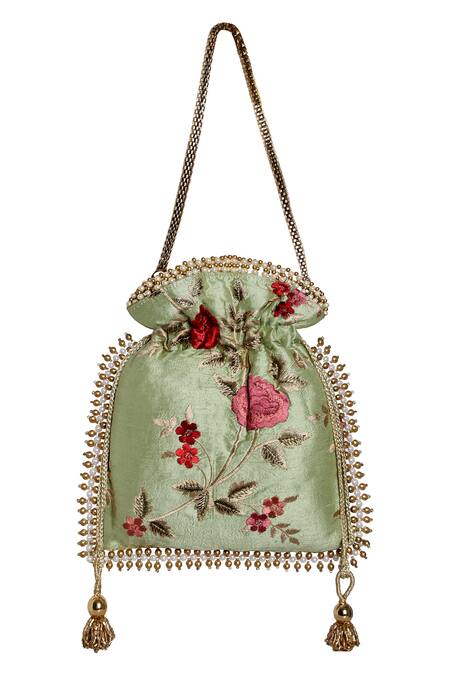 Buy_Fuchsia by aashaka mehta_Green Silk Potli Bag_Online_at_Aza_Fashions