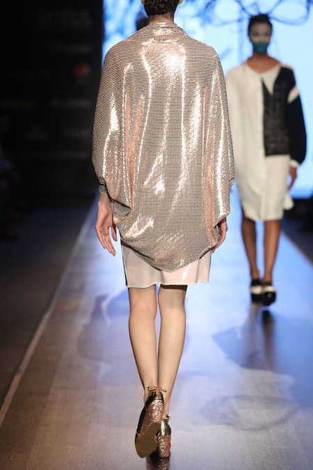 Shop_Nitin Bal Chauhan_Gold Twill, Metallic Jersey, Patent Lycra Top Round Textured Jacket Skirt Set _at_Aza_Fashions