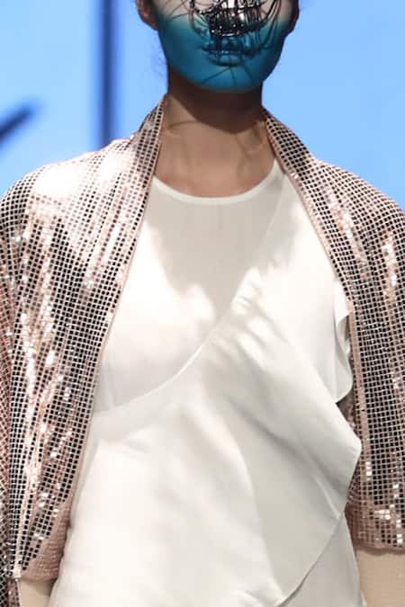 Nitin Bal Chauhan_Gold Twill, Metallic Jersey, Patent Lycra Top Round Textured Jacket Skirt Set _Online_at_Aza_Fashions
