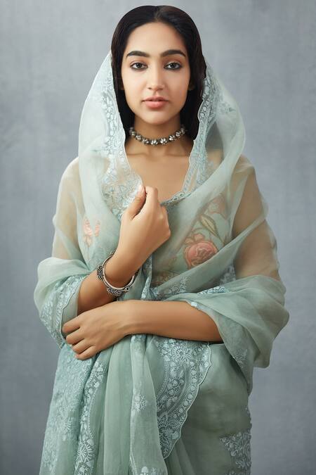 Buy_Torani_Blue Handwoven Chanderi Saree Blouse_Online_at_Aza_Fashions