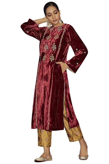 Shop_Sue Mue_Maroon Velvet Round Embroidered Kurta Set_at_Aza_Fashions