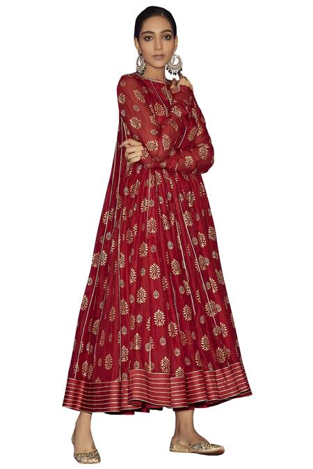 Buy_Sue Mue_Red Lycra Crepe, Maheshwari Cotton Round Printed Anarkali Set _Online_at_Aza_Fashions