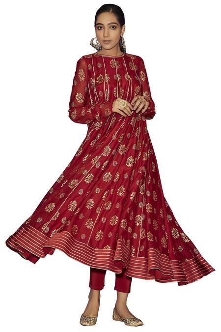 Sue Mue_Red Lycra Crepe, Maheshwari Cotton Round Printed Anarkali Set _Online_at_Aza_Fashions