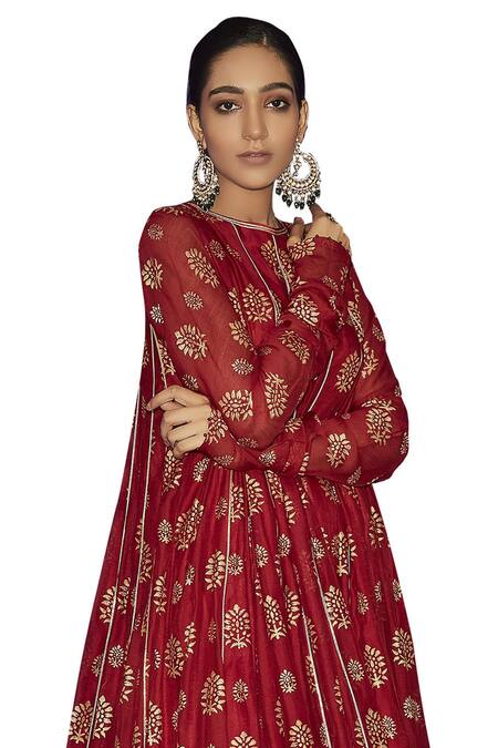 Shop_Sue Mue_Red Lycra Crepe, Maheshwari Cotton Round Printed Anarkali Set _Online_at_Aza_Fashions