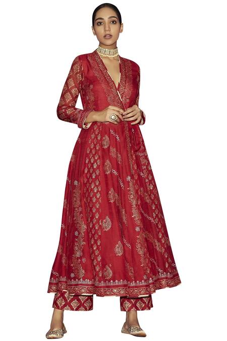 Sue Mue_Red Maheshwari Handloom Cotton V-shaped Printed Anarkali Set _Online_at_Aza_Fashions