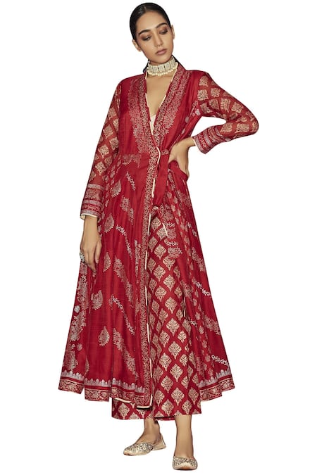 Shop_Sue Mue_Red Maheshwari Handloom Cotton V-shaped Printed Anarkali Set _at_Aza_Fashions