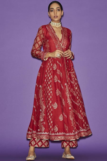 Sue Mue Red Maheshwari Handloom Cotton V-shaped Printed Anarkali Set 