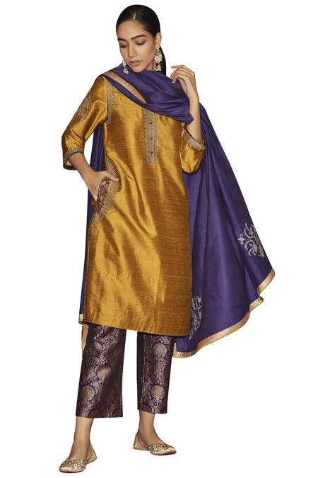 Shop_Sue Mue_Yellow Raw Silk, Brocade, Mul Round Embroidered Kurta Set_at_Aza_Fashions