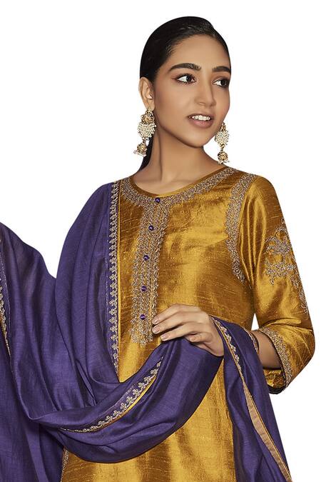 Shop Sue Mue Yellow Raw Silk, Brocade, Mul Round Embroidered Kurta Set Online at Aza Fashions Shop_Sue Mue_Yellow Raw Silk, Brocade, Mul Round Embroidered Kurta Set_Online_at_Aza_Fashions
