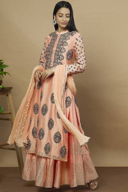 Aksh Peach Chanderi Kurta Lehenga Set