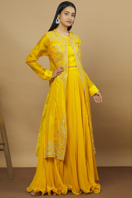 Mustard Silk Crepe Printed & Embroidred Jacket Set – Shreeka