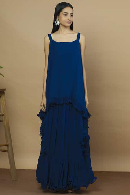 Buy_Aksh_Blue Georgette Square Neck Embroidered Jacket Skirt Set_Online_at_Aza_Fashions