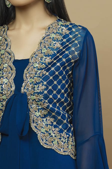Aksh_Blue Georgette Square Neck Embroidered Jacket Skirt Set_at_Aza_Fashions
