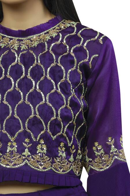 Aksh_Purple Organza, Chiffon Round Embroidered Skirt Set_at_Aza_Fashions