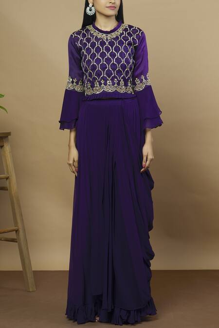 Buy_Aksh_Purple Organza, Chiffon Round Embroidered Skirt Set_Online_at_Aza_Fashions