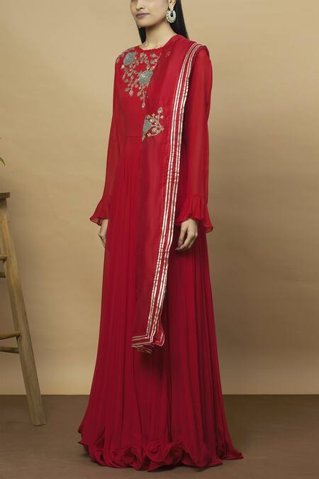 Buy_Aksh_Red Organza, Georgette Round Embroidered Anarkali With Dupatta_Online_at_Aza_Fashions
